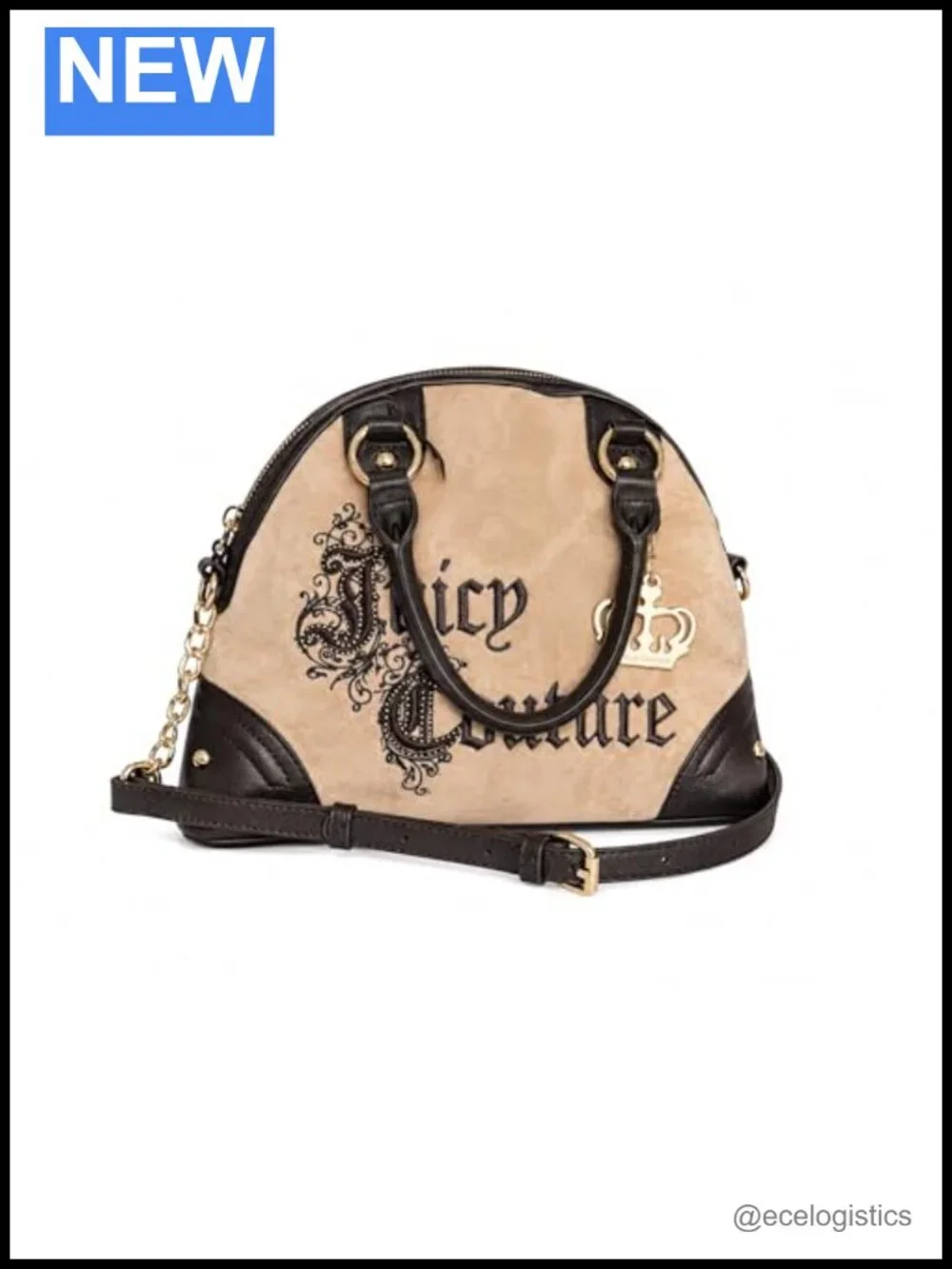 Velour Crossbody Satchel with Crown Charm - Faux Leather Trim